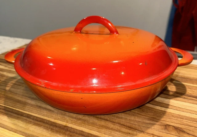 VTG Descoware Enameled 12” Skillet/Dutch Oven Mcm Flame Orange/Red Cast Iron
