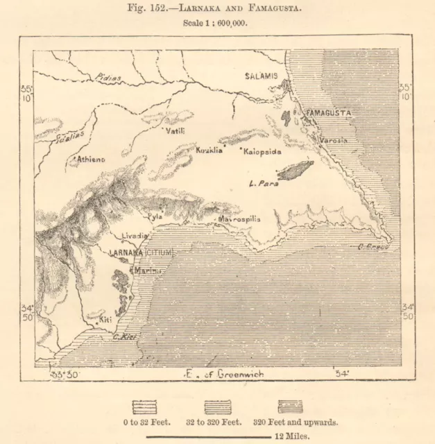 Larnaka and Famagusta. Gazimagusa. South East Cyprus. Sketch map 1885 old