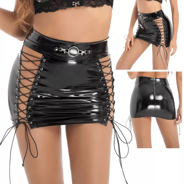 WOMEN'S LATEX HOLLOW Out Lace-up Mini Skirt Gothic Wetlook Leather
