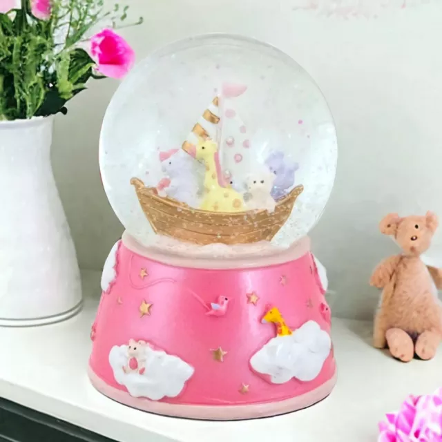 Childrens Pink Sleepy Time Noahs Ark Musical Water Ball Snow Globe Girls Gift