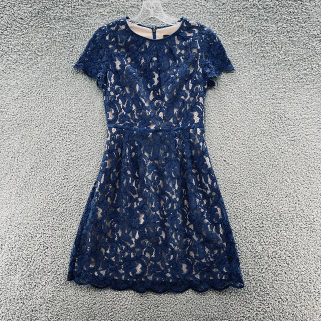 Adrianna Papell Dress Womens 4 Blue Lace Overlay Fit Flare Event Party Cocktail