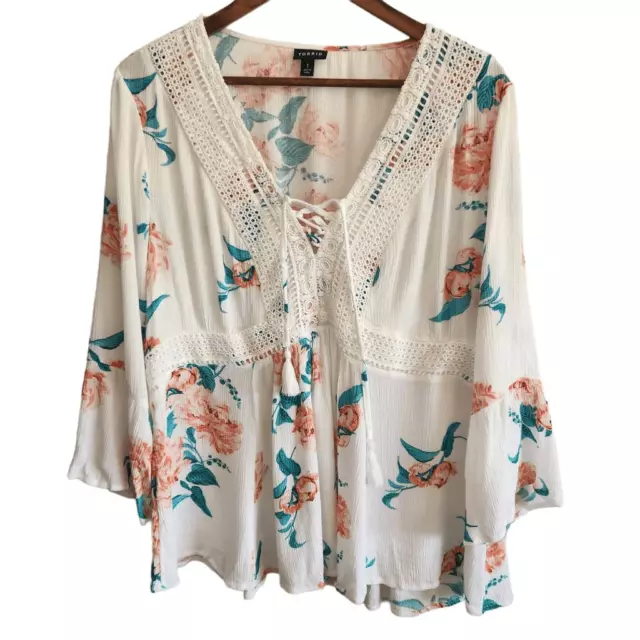 Torrid Lace-Up Babydoll Tunic - Crinkle Gauze Floral White Plus Size 1X