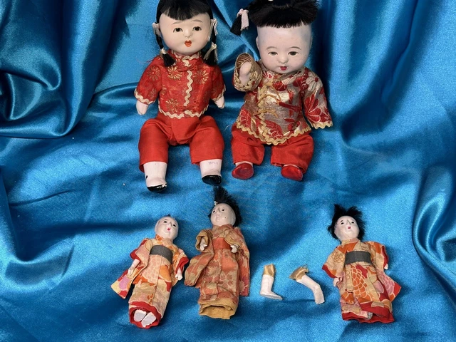 Lot Of 5 JAPANESE VINTAGE ICHIMATSU BOY Girl DOLL GOFUN Glass Eye Doll 8” & 4”