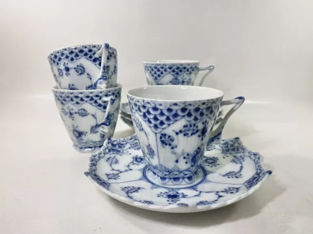 4x Royal Copenhagen Blue Fluted Full Lace 1036 Cups & Saucers Set 4x Royal Copenhagen Blue Fluted Full Lace 1036 Cups & Saucers Set