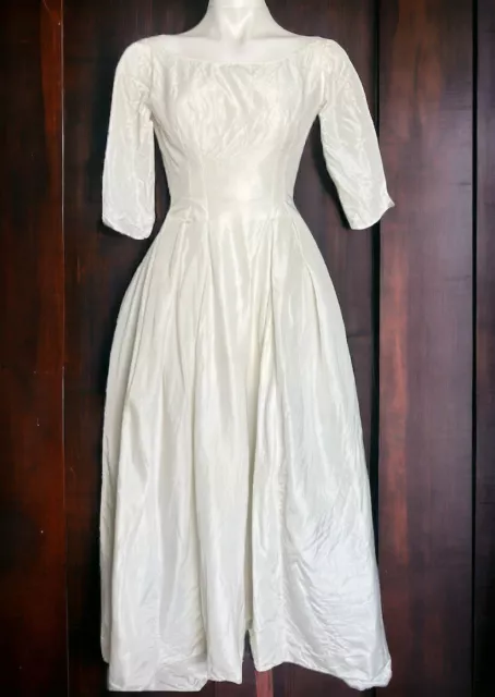 Vintage 60s Wedding Gown Dress  White Taffeta Bodice Satin Skirt Train Small