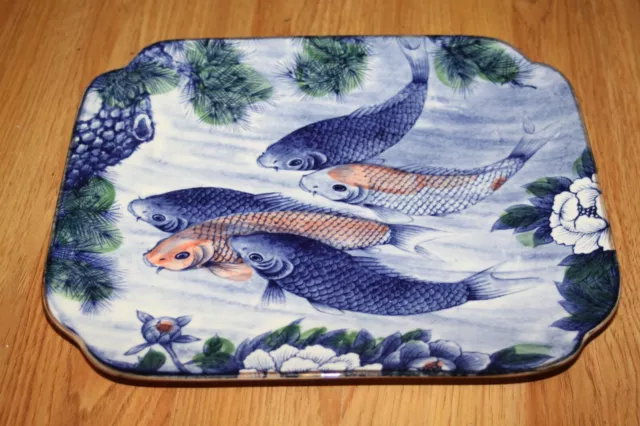 Vintage Sun Ceramics Made In Japan Koi Fish Platter Tray 13" X 11"