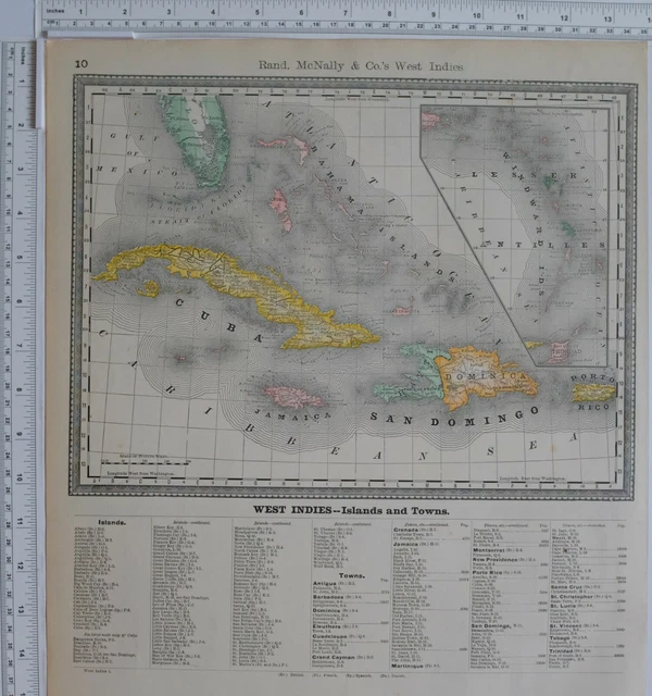 1890 ORIGINAL MAP West Indies Hayti Jamaica Windward Bahama Cuba