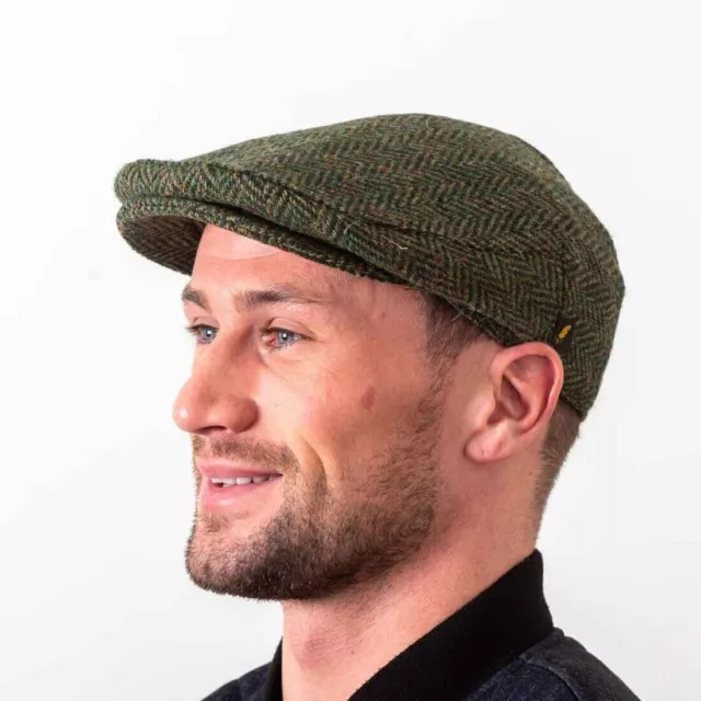 Irish Tweed Flat Cap Hat from Ireland Donegal Tweed Mid Green Herringbone Weave