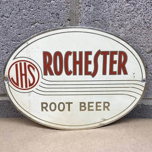VINTAGE 1940S JHS Rochester Root Beer Barrel Dispenser soda pop sign