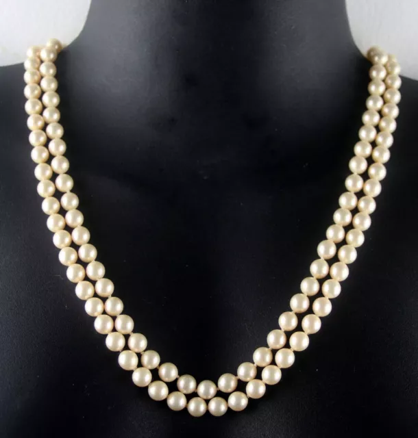 Majorica Signed Vintage Hand Knotted faux Class Pearl 2 Strand Crystal Necklace