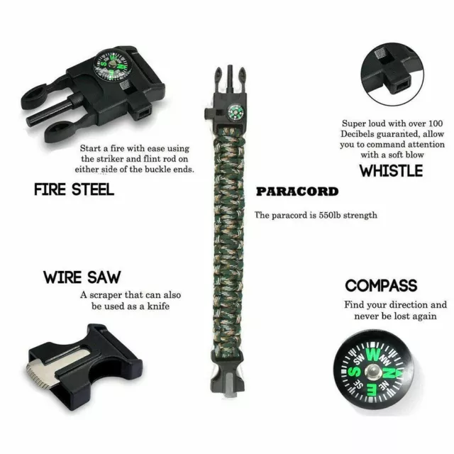 Paracord Survival Bracelet Outdoor Scraper Whistle Flint Fire Starter Gear Kits 3