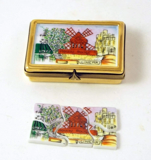 New French Limoges Trinket Box Framed Paris Moulin Rouge Cabaret Painting Puzzle