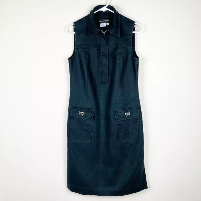 Donna Morgan linen lined shift dark navy blue dress Sleeveless Zip Front Size 10