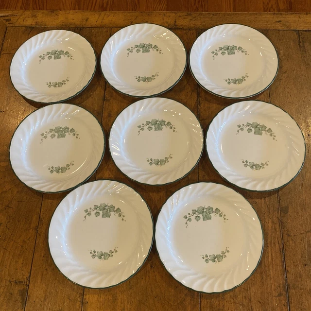 8 Vintage Corelle Callaway Ivy  7 ¼” SALAD DESSERT PLATES White Swirl Green Trim