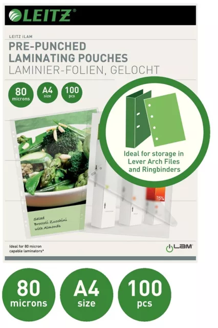 LEITZ 16918 iLAM Heißlaminierfolie mit Abheftlochung 80mic DIN A4 - 100er Pack