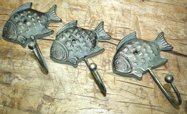3 Cast Iron Antique Style SUN FISH Coat Hooks Hat Hook Rack Towel Nautical Beach 2