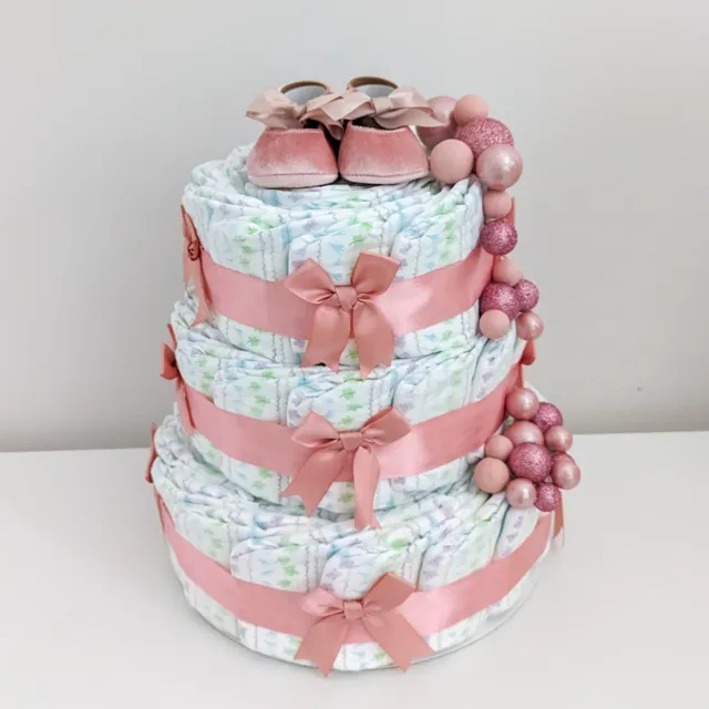 Baby Girl 3-Tier Diaper Cake, Pink Bows And Booties | Baby Shower | Gift