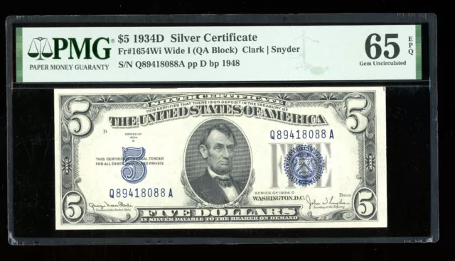 DBR 1934-D $5 Silver Gem Fr. 1654Wi Wide I QA Block PMG 65 EPQ Serial Q89418088A