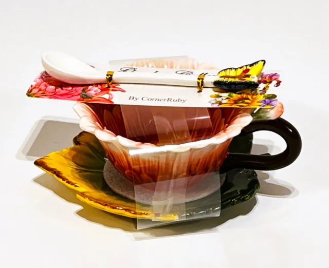 Corner Ruby Garden Collection Sunflower Tea Cup with Leaf Saucer Butterfly Spoon