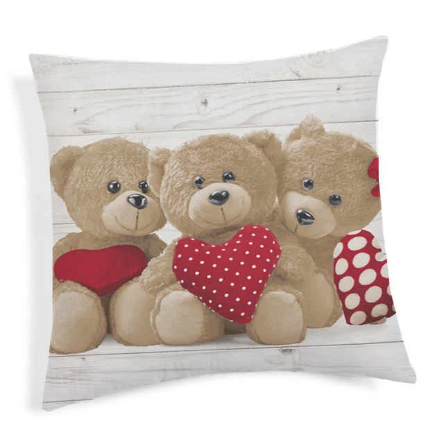 Cuscino Arredo Casa Imbottito Zip Orsetti Peluche Cuori Rosso 100% Cotone Italy