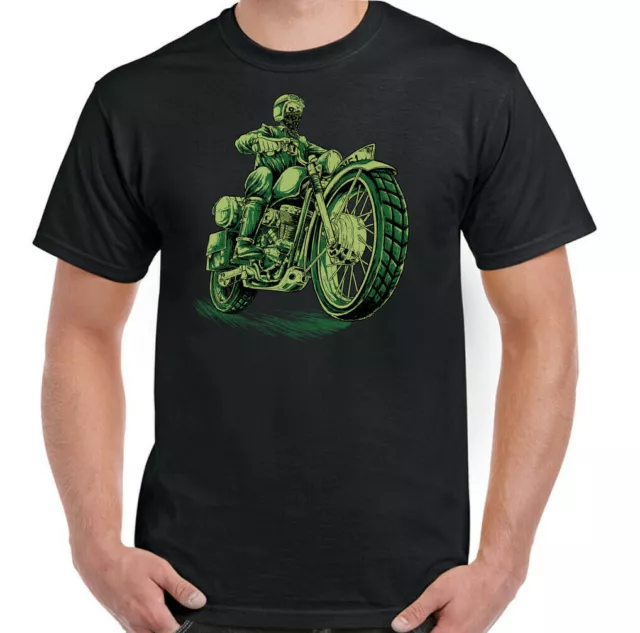 Cafe Racer T-Shirt Mens Motorcycle Skull Motorbike Biker Bike Top Green