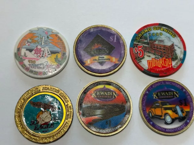 6 Slot Gaming Token Kewadin Motor City Soaring Eagle Casino Michigan $1 & $5