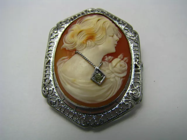 SEASHELL CAMEO BROOCH "Lady Wearing Silver Necklace" STERLING SILVER FRAME 1950s