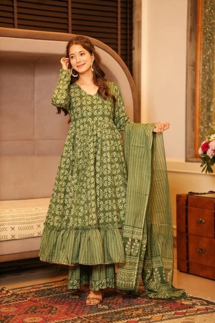 Women Party Wear Anarkali Green Cotton Kurti Pant Dupatta Indian Salwar Kameez