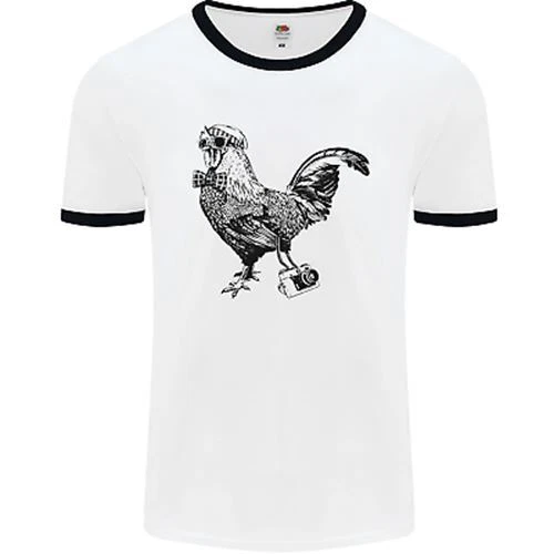 Rooster Camera Photography Photographer Mens White Ringer T-Shirt
