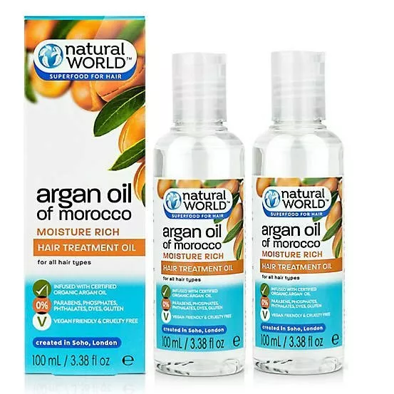 2x Natural World 100ml Argan Oil Hair Treatment Oil