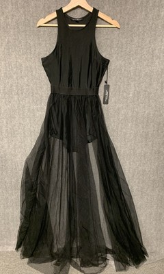 Haute Monde Womens Tank Dress Small Black Bodysuit Sheer Long Tulle Sleeveless