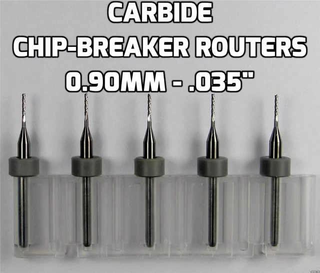 Five .035" 0.90mm Carbide Router Bits - Spiral Chip Breaker Flutes -PCB Dremel