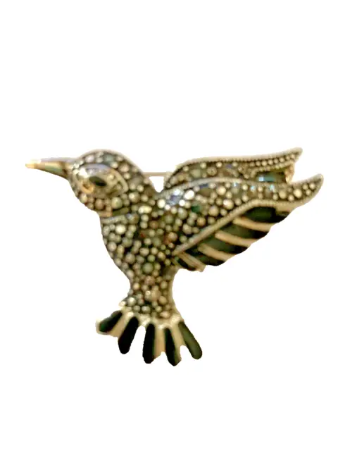 Vintage Cast Silver Tone BIRD HUMMINGBIRD Pin Brooch with Black Enamel DETAILED