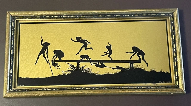 Vidrio Pintado Art Nouveau KW DIEFENBACH Silueta Tallimita: Tales Pequeños Monos