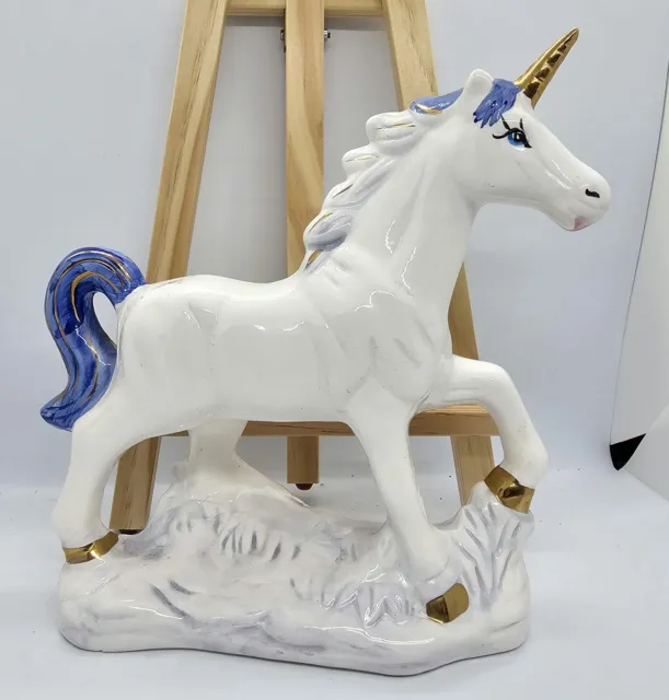 Vintage White and Blue Porcelain Unicorn Figurine Gold Trim