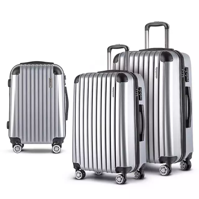 Wanderlite 3pc Luggage Sets Trolley Travel Suitcases TSA Hard Case Silver