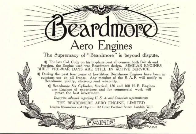1919 Beardmore Aero Engines Vintage Magazine Print Ad Biplane London