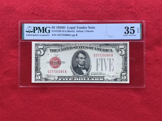 FR-1529 KEY 1928 D Series $5 Red Seal US Legal Tender Note *PMG 35 EPQ CHOICE VF