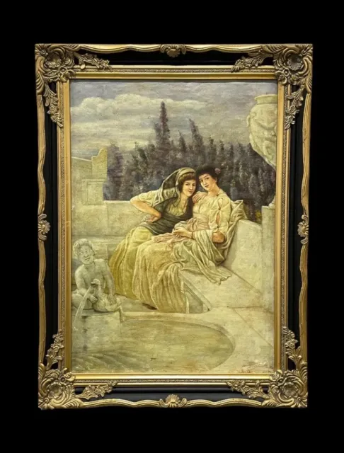 SALE!  19th CENTURY ITALIAN PORTRAIT OIL PAINTING YOUNG LADIES ON A BALCONY