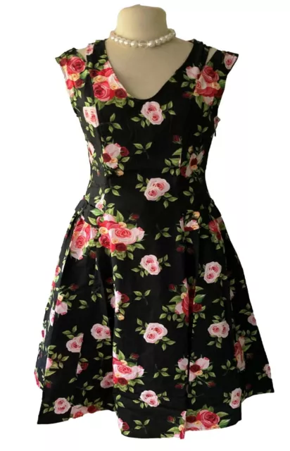 22 24 26 PLUS SIZE BLACK PINK RED ROSE RETRO 1950s VINTAGE SWING DRESS FLORAL UK 2