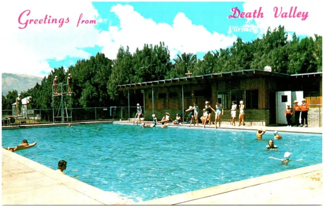 Death Valley  CA Furnace Creek Ranch Pool Diving Board Swimmers Vintage Postcard