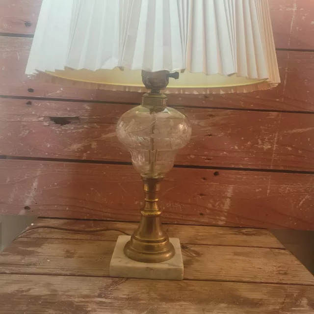 Vintage Floral Acid etched Glass Brass Lamp Marble base 22 in Table light