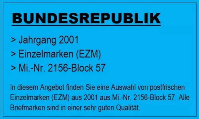 Auswahl BUND / BRD ** Ausgaben Jahrgang 2001 - Mi.-Nr. 2156 - Block 57