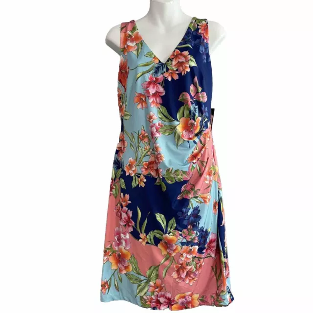 GUESS Blue Tropical Floral Sheath Dress Size 14 Slimming Sleeveless Halter New