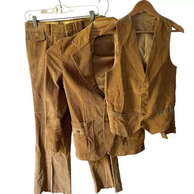 VTG 70’s Corduroy Tan 3pc Suit 39 E’Spirit Made in USA Stage Prop Costume Disco