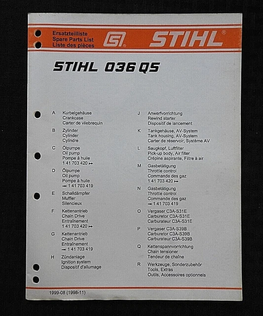 TRONÇONNEUSE STIHL 018 Liste des Pièces de Rechange 1998 EUR 10,00