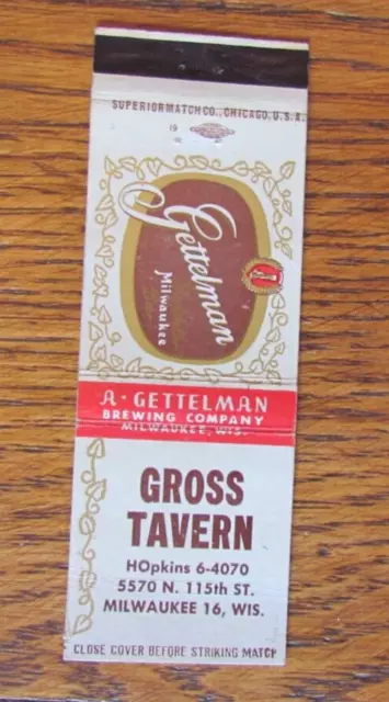 A. Gettelman Beer Matchbook Cover: Gross Tavern Milwaukee, Wi Matchcover -C1
