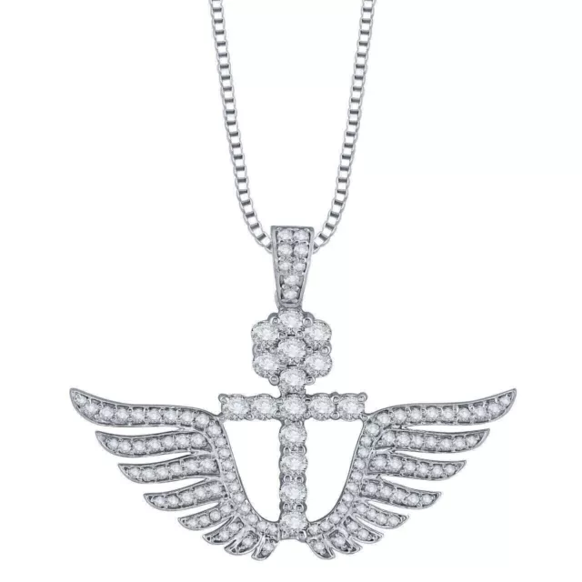 1.50Ct Round Cut Moissanite Cross Wing Pendant 14K White Gold Plated Silver 2