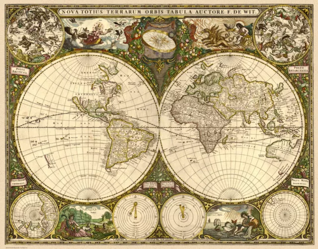 Old, Vintage Poster Map of the World in 1660 reprint