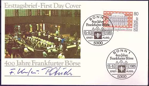 BRD 1985: Frankfurter Börse! FDC der Nr. 1257 mit den Bonner Sonderstempeln! 156